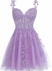 Formal Dress Vintage, Lavender Tulle Lace Applique Homecoming Dress, Floral Tulle Short Prom Dress