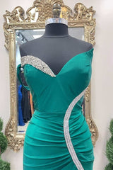 Prom Dress Modest, Asymmetrical Green Beaded Mermaid Long Prom Dress with Slit