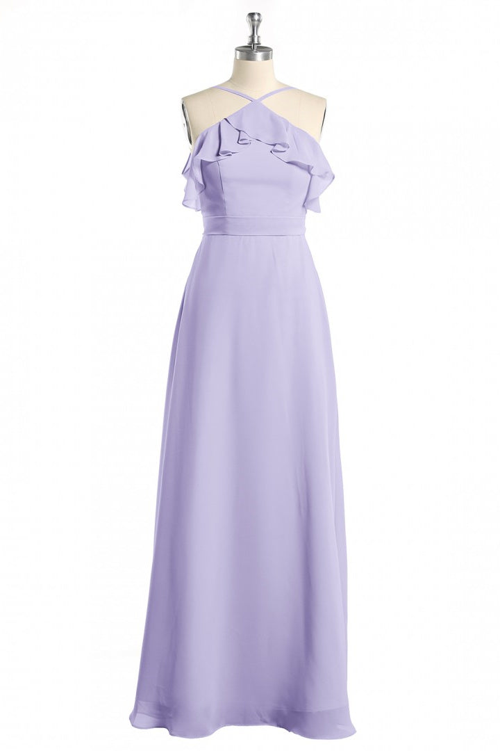 Party Dress Long, Lavender Halter Ruffled A-Line Long Bridesmaid Dress