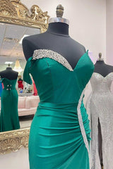 Prom Dress, Asymmetrical Green Beaded Mermaid Long Prom Dress with Slit