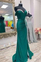 Prom Dress Emerald Green, Asymmetrical Green Beaded Mermaid Long Prom Dress with Slit