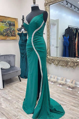 Prom Dresses Emerald Green, Asymmetrical Green Beaded Mermaid Long Prom Dress with Slit