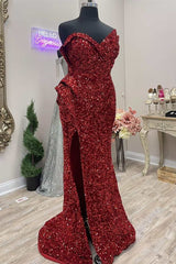 Wedding Dress, Asymmetrical Burgundy Sequin Strapless Mermaid Long Prom Dress with Slit