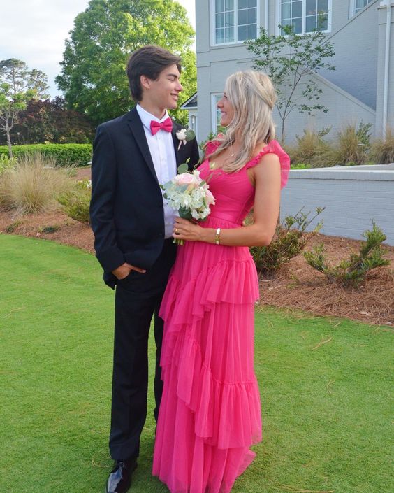 Hot Pink Long Prom Dresses Tulle Formal Evening Dress