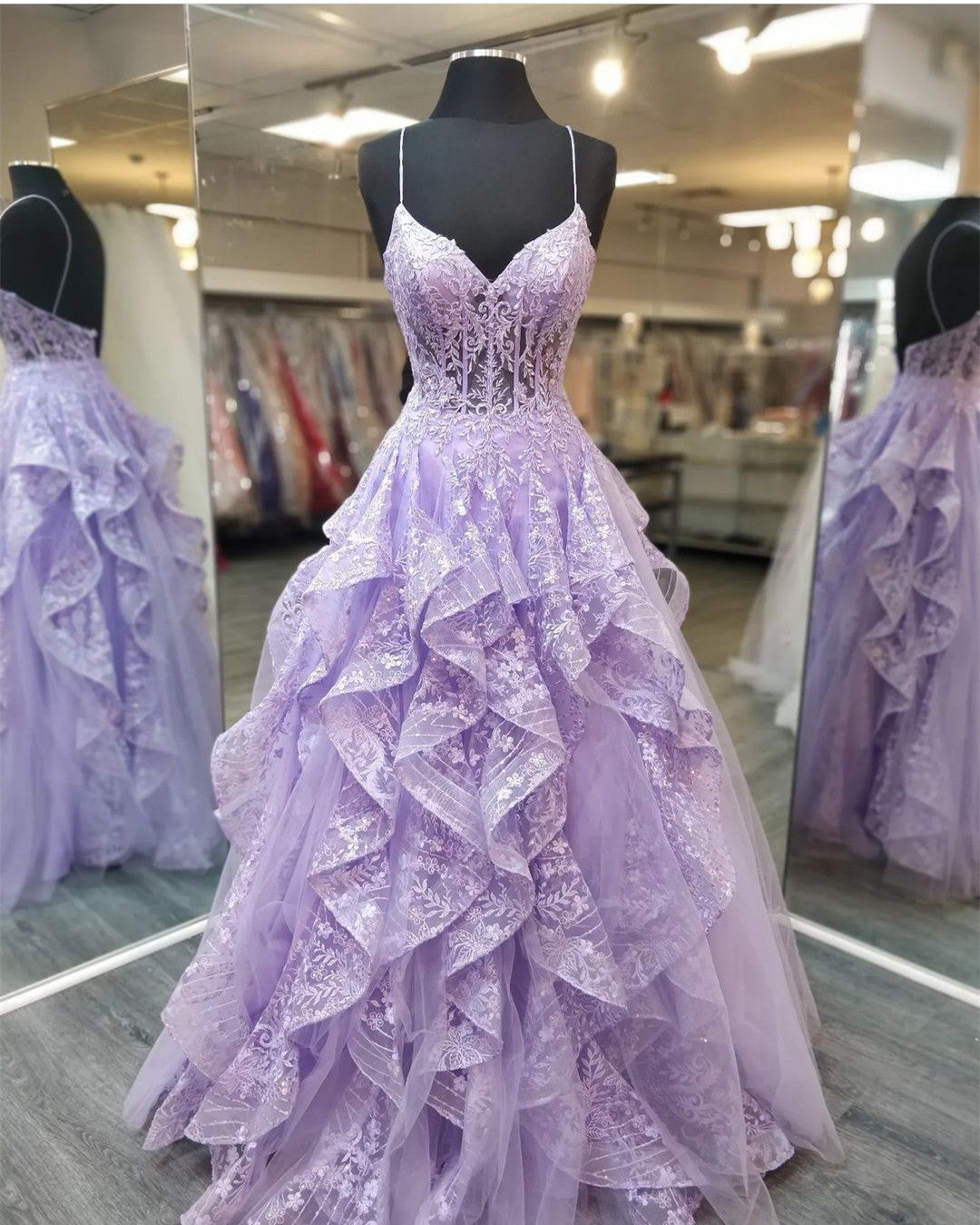 Formal Dresses Online, Spaghetti Staps Lilac Prom Dresses Evening Gowns with Sheer Bodice