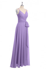 Party Dress Style, Lavender Spaghetti Straps Tie-Side Long Formal Dress