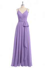 Party Dresses Style, Lavender Spaghetti Straps Tie-Side Long Formal Dress