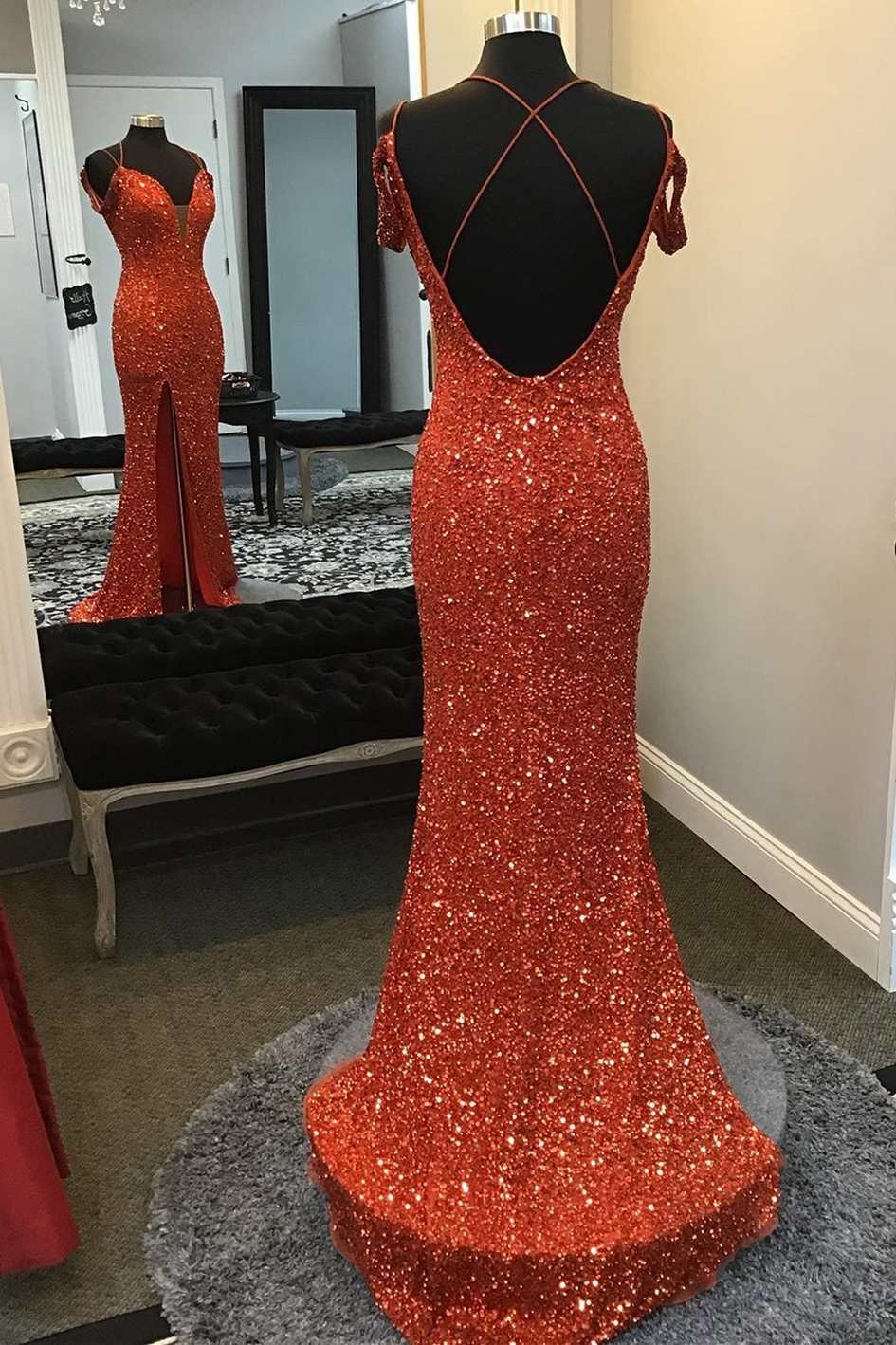 Mafia Dress, Red Sequin Off-the-Shoulder Mermaid Long Prom Dress with Slit