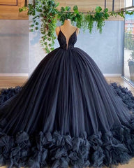 Evening Dress Near Me, spaghetti straps beading bodice tulle ball gown evening dress with handmade flowers