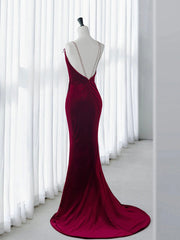 Yksinkertainen sametti merenneito Burgundy pitkä prom -mekko, viininpunainen pitkä muodollinen mekko