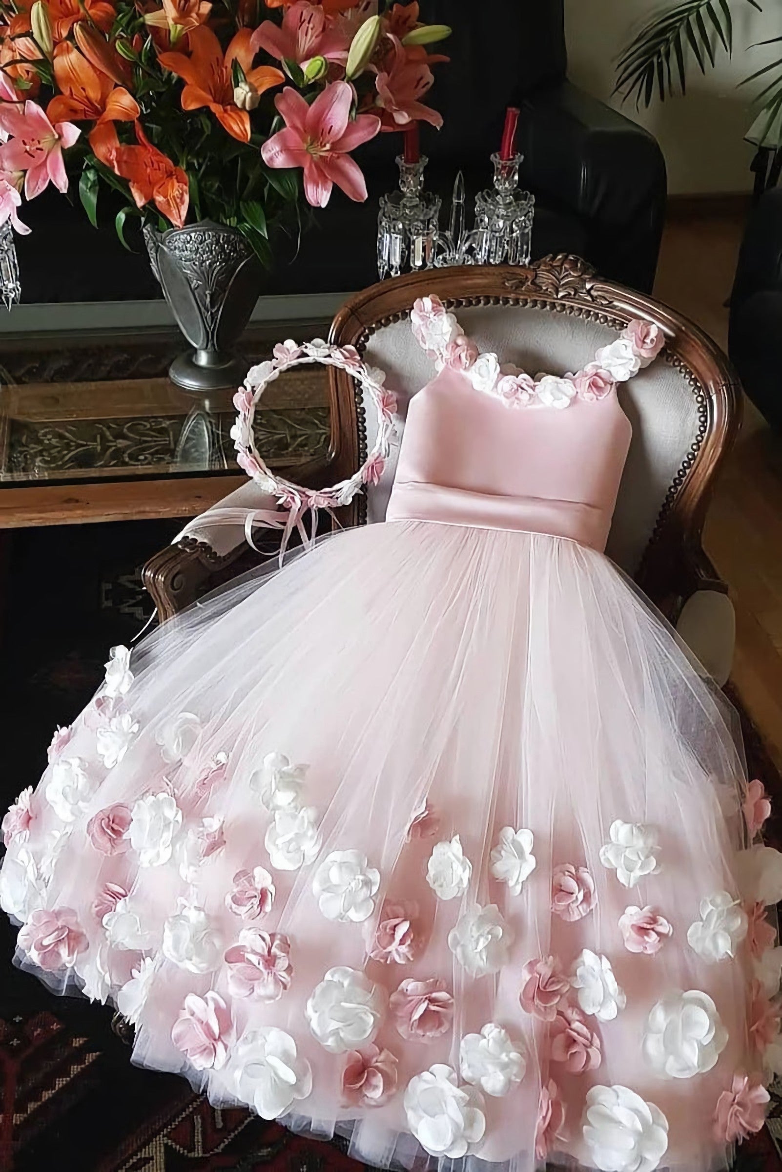 Wedsing Dress Off The Shoulder, A Line Round Neck Pink Hand Made Flowers Flower Girl Dresses, Tulle Wedding Party Dresses, Srs15019