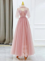 Party Dress Outfits, Pink Tulle Tea Length Prom Dress, Pink Tulle Formal Dress