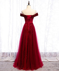 Formal Dresses Prom, Burgundy Round Neck Tulle Sequin Long Prom Dress, Tulle Formal Dress