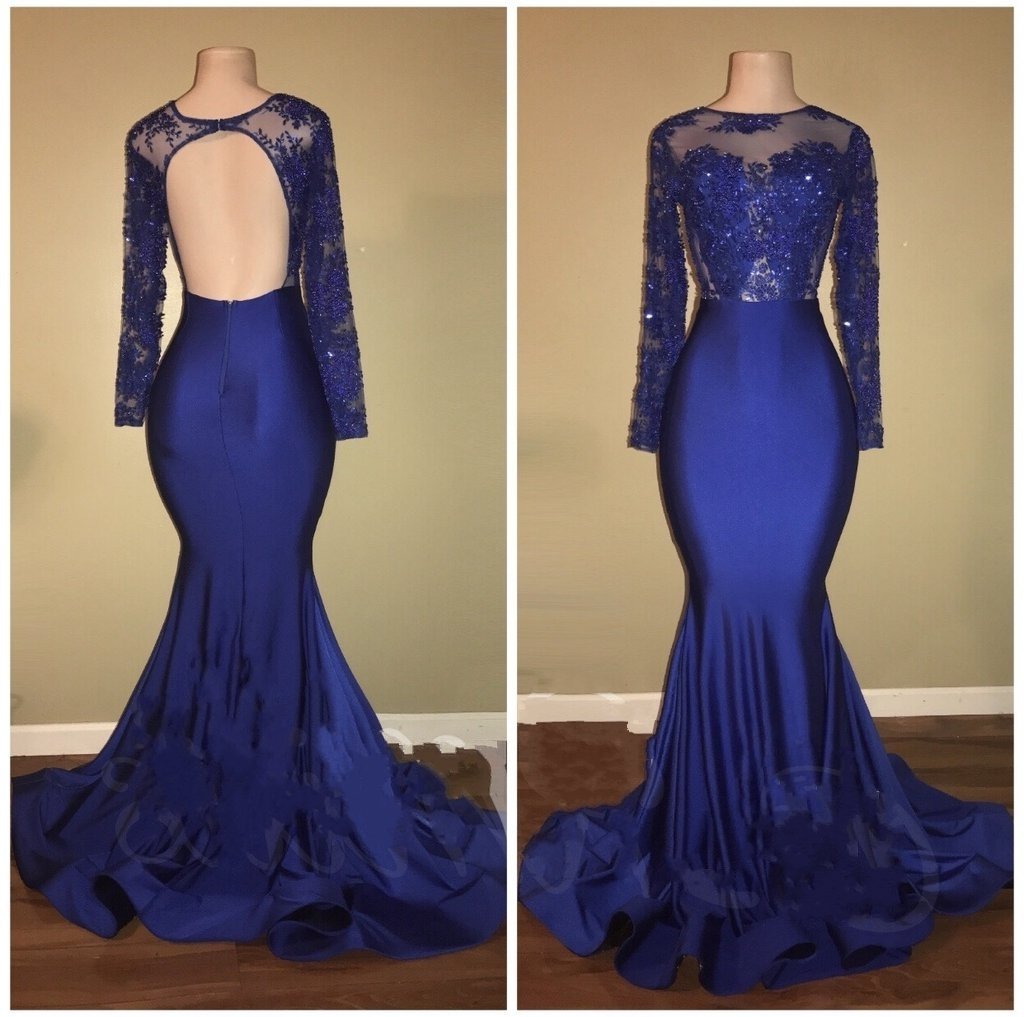 Prom Dress Near Me, 2024 Charming Royal Blue Long Sleeve Mermaid Prom Dresses