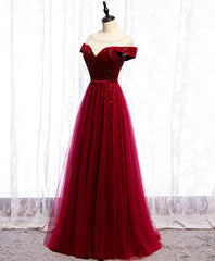 Formal Dresses Vintage, Burgundy Round Neck Tulle Sequin Long Prom Dress, Tulle Formal Dress