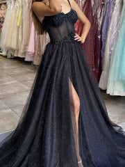 Prom Dress 2021, Black Sweetheart Neck Tulle Long Prom Dress