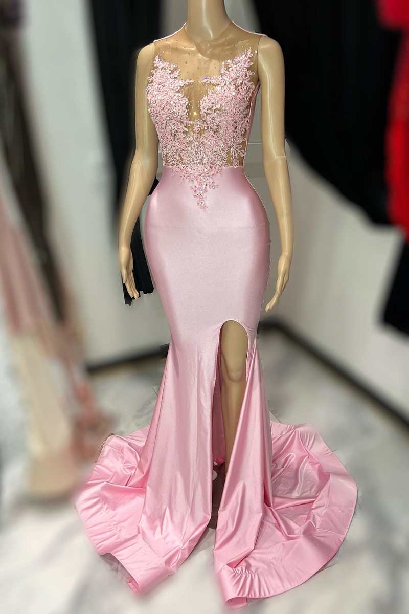Prom Dress 2036, Pink Lace Satin Mermaid Long Prom Dress with Slit