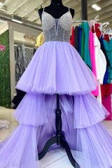 Classy Dress Outfit, High-Low Lavender Beaded Multi-Tiered Prom Dress