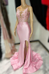 Prom Dress Boutiques Near Me, Pink Lace Satin Mermaid Long Prom Dress with Slit