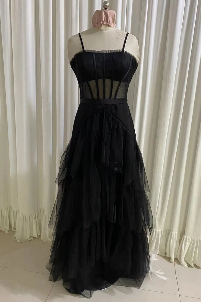 Prom Dresses2022, Black Prom Dress, Elegant A-line Layered Tulle Prom Dresses,Sheer Corset Long Evening Dress