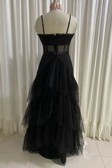 Prom Dresse 2022, Black Prom Dress, Elegant A-line Layered Tulle Prom Dresses,Sheer Corset Long Evening Dress
