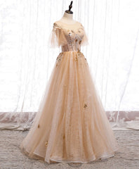 Functional Dress, Champagne Round Neck Tulle Lace Long Prom Dress, Formal Dress