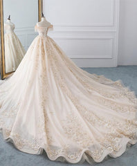 Wedding Dresse Lace, Champagne Off Shoulder Tulle Lace Long Wedding Dress, Wedding Gown