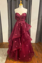 Wedding Aesthetic, Wine Floral Lace Strapless A-Line Tiered Prom Dress
