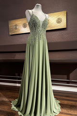 Evening Dress Yde, Dusty Sage Beaded Cross Back V Neck Seqins-Embroidery Long Prom Dress