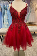 Homecoming Dresses Formal, Red Plunging V Neck Lace-Up Appliques Tulle Homecoming Dress