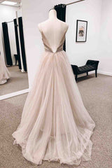 Prom Dress With Long Sleeves, Blushing Pink A-line Plunging V Neck Tulle Long Prom Dress with Beaded Sash