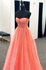 Homecoming Dresses For Girls, Coral Tulle Strapless A-Line Long Prom Dress