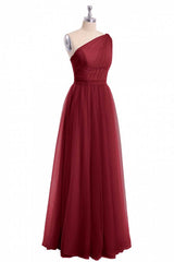 Beach Wedding, Wine Red Tulle One-Shoulder A-Line Bridesmaid Dress