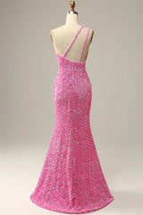 Prom Dress Fabric, Pink Iridescent Sequin One-Shoulder Mermaid Long Formal Dress with Slit