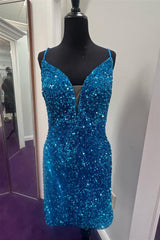 Prom Dresses Prom Dresses, Blue Plunging V Neck Lace-Up Sequins Sheath Homecoming Dress