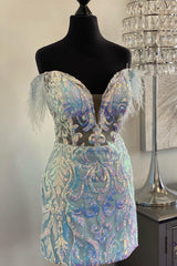 Wedding Photography, Light Blue Off-the-Shoulder Sequin-Embroidered Feathers Homecoming Dress