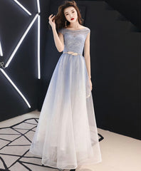 Bridesmaid Dress Blush, Blue Round Neck Tulle Long Prom Dress, Blue Tulle Evening Dress