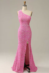 Prom Dress Idea, Pink Iridescent Sequin One-Shoulder Mermaid Long Formal Dress with Slit