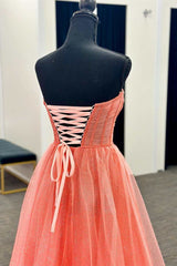 Homecoming Dress Shorts, Coral Tulle Strapless A-Line Long Prom Dress