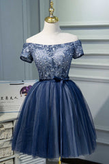 Bridesmaid Dresses Fall Color, Navy Blue Off-the-Shoulder Beaded A-Line Short Party Dress