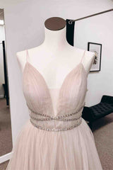 Prom Dress Outfit, Blushing Pink A-line Plunging V Neck Tulle Long Prom Dress with Beaded Sash