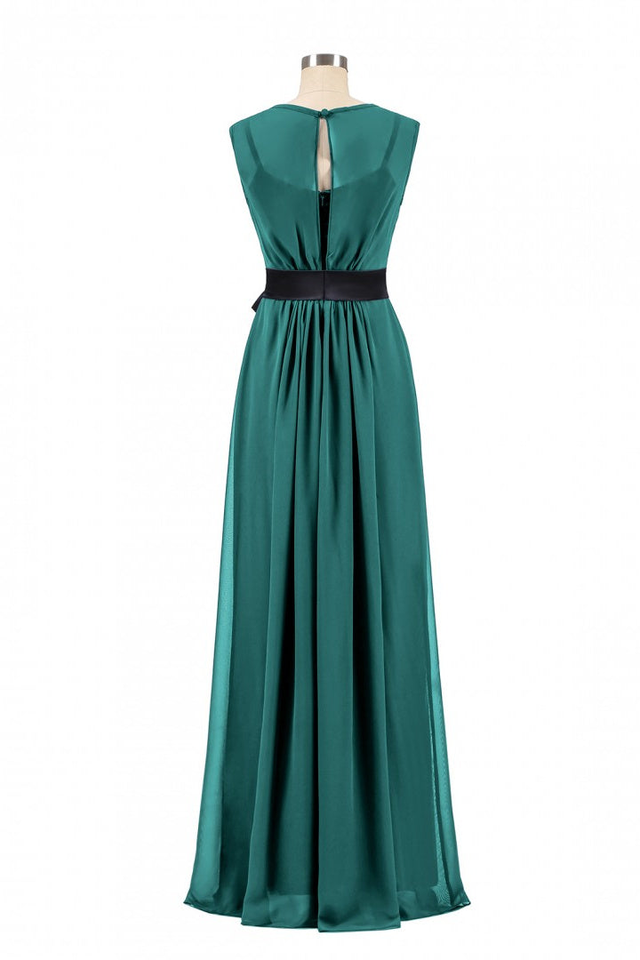 Party Dress Name, Hunter Green Crew Neck Belted Long Bridesmaid Dress