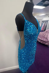 Prom Dresses Prom Dress, Blue Plunging V Neck Lace-Up Sequins Sheath Homecoming Dress