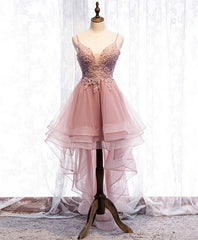 Party Dresses Outfits, Pink Tulle Lace High Low Prom Dress, Pink Homecoming Dress, 1