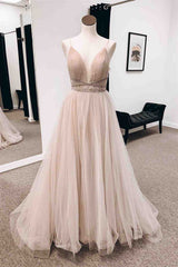 Prom Dress Outfits, Blushing Pink A-line Plunging V Neck Tulle Long Prom Dress with Beaded Sash