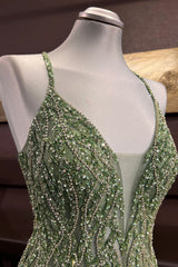 Evening Dress Shopping, Dusty Sage Beaded Cross Back V Neck Seqins-Embroidery Long Prom Dress