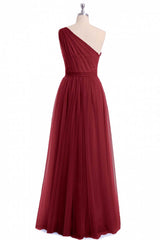Boho Wedding Dress, Wine Red Tulle One-Shoulder A-Line Bridesmaid Dress