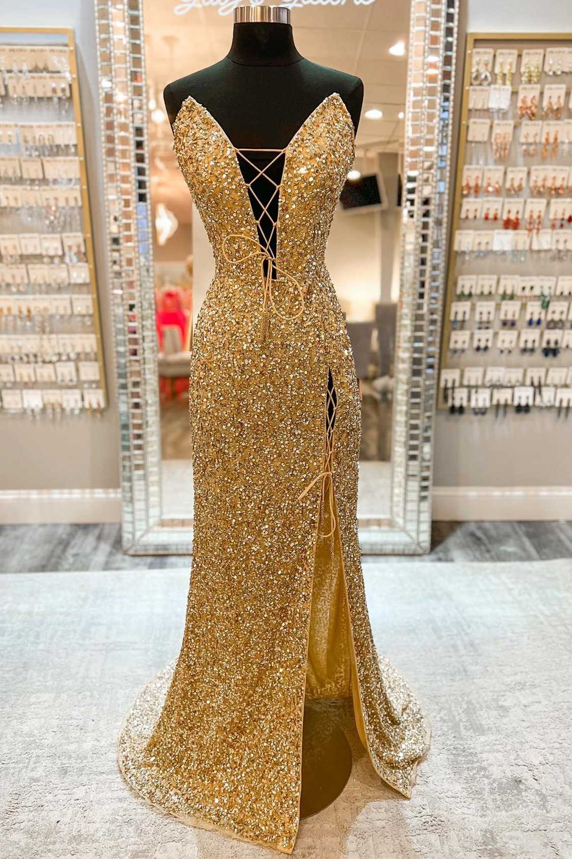 Formal Dresses Gown, Sexy Gold Sequin Strapless Lace-Up Front Mermaid Long Dress with Slit