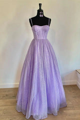 Prom Dresses 2022, Spaghetti Straps Sparkly Lilac A Line Prom Dresses Sequin Evening Dresses