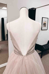 Prom Dresses With Long Sleeves, Blushing Pink A-line Plunging V Neck Tulle Long Prom Dress with Beaded Sash